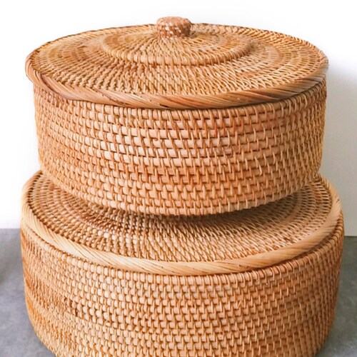 Round Rattan Basket With Lid Handwoven Basket Wicker Tray Etsy