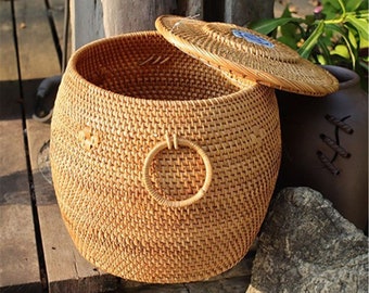 Rattan Weave Round Storage Basket With Lid,Tea cake Rattan Storage Basket,Handcrafted Desktop Storage Box Basket,House Decors