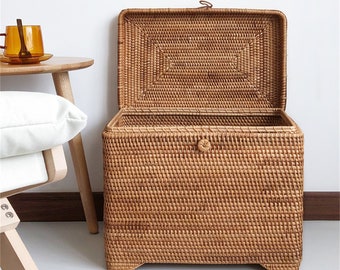 Square Rattan Woven Storage Basket With Lid,Rattan 17 inches Big Storage Box,Picnic Storage Basket,Personalized Natural Gift Box