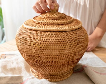 Rattan Weave Round Storage Basket With Lid,Tea Cake Storage Pot,Handcrafted Desktop Storage Box Basket,House Decors