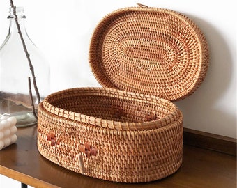 Round Rattan Woven Storage Basket With Lid,Rattan Storage Box,Picnic Storage Basket,Personalized Natural Gift Box