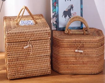 Rattan Woven Storage Basket With Lid,Rattan Storage Box,Picnic And Tea cake And Clothing Storage Basket,Personalized Natural Gift Box