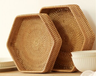 Rattan Woven Square Storage Basket,Rattan Coffee Tea Tray,Personalized Natural Handmade Basket Tray,Housewarming Gift