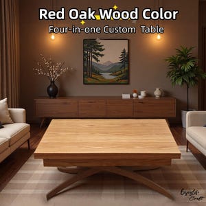 Könnte beinhalten: Ein vier-in-eins-Tisch in Rot-Eiche-Holzfarbe. Der quadratische Tisch hat eine helle Holzplatte und ein einzigartiges Sockeldesign. Das Bild zeigt auch einen passenden Holzschrank, ein Gemälde und ein Sofa.