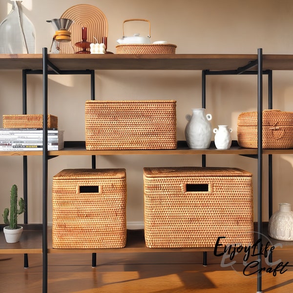 Cesta de almacenamiento cuadrada de tejido de ratán, cesta de almacenamiento de ratán con asa, cesta de almacenamiento de ropa y juguetes, decoración de sala de estar