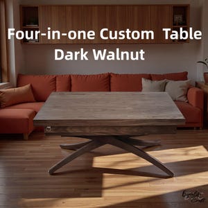 Puede incluir: Una mesa personalizada cuatro en uno de nogal oscuro con un diseño de base único. La mesa rectangular parece ser de madera. El texto "Four-in-one Custom Table Dark Walnut" se muestra en la imagen. Mide aproximadamente 120 cm x 120 cm.