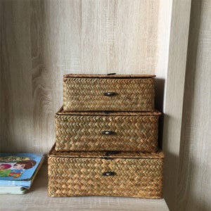 Rattan Woven Square Storage Basket With Cover,Straw Jewellery Box,Personalized Natural Gift Box