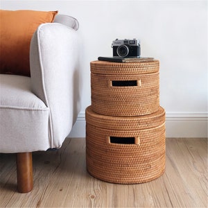 Round Rattan Woven Storage Basket With Lid,Rattan Storage Box,Toy Storage Basket,Living room Storage Basket,Personalized Natural Gift Box