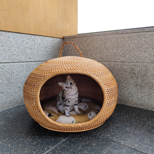 Rattan weave pets nest,rattan cat house,cat bed with cushion,rattan dog house,suitable for small pet, multiple options available