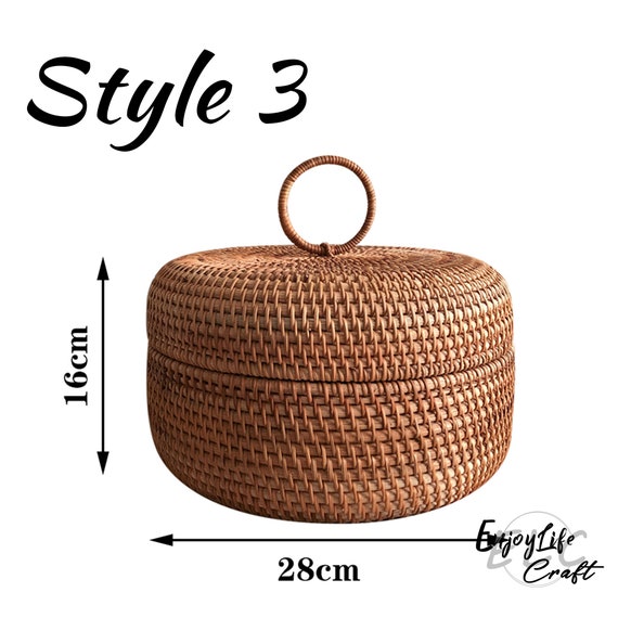 Cestino Rotondo In Rattan Intrecciato A Mano Con Coperchio – 16x16x13 Cm – Portaoggetti Per Casa, Cucina, Bagno