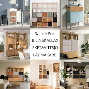 Può includere: Un collage di varie unità di stoccaggio in legno e sistemi di scaffalature. Alcune unità presentano ripiani aperti, mentre altre hanno cassetti e cesti in vari colori e trame. Il testo "Basket For BILLY&KALLAX EKET&VITTSJÖ LÅDMAKARE" è visibile.