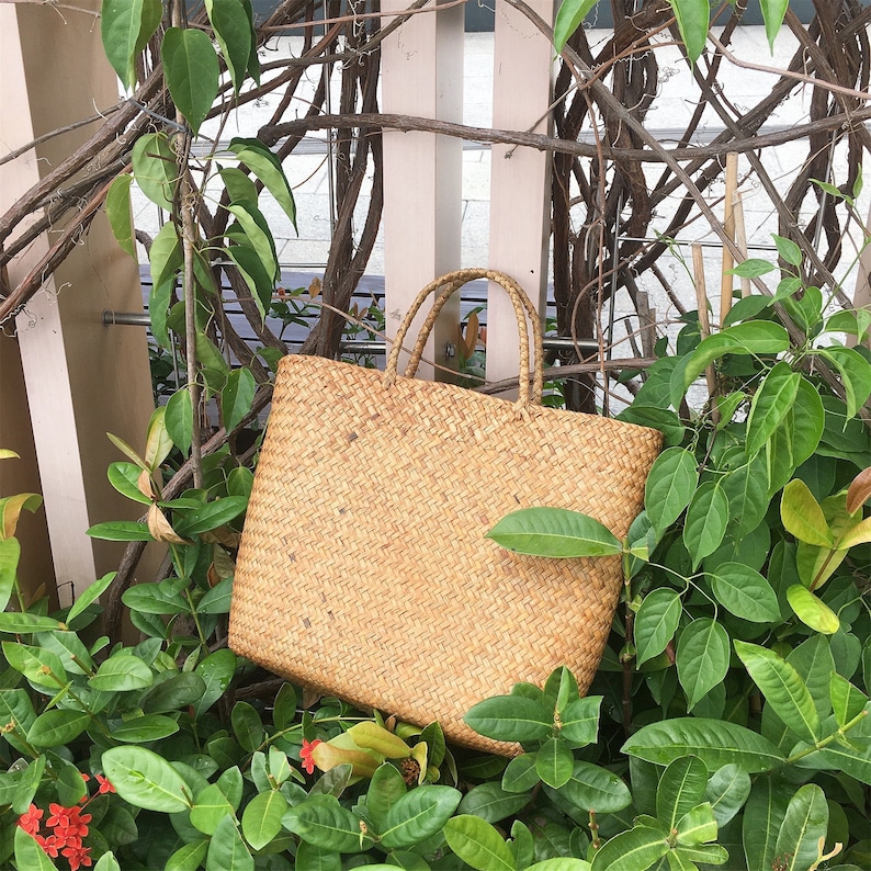 Pu&ograve; includere: Una borsa a mano in paglia intrecciata con due manici. La borsa &egrave; di colore marrone chiaro e ha un aspetto naturale e rustico. La borsa &egrave; appoggiata su un letto di foglie verdi.