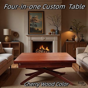 Puede incluir: Mesa personalizada cuatro en uno, color madera de cerezo. La mesa tiene una tapa rectangular y una base única con patas cruzadas. El texto "Four-in-one Custom Table" y "Cherry Wood Color" son visibles. La mesa está en un salón.