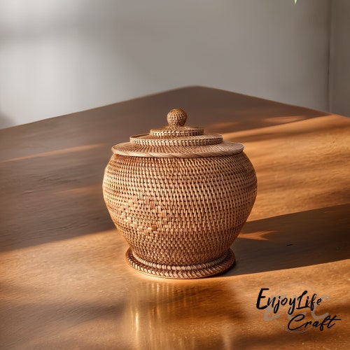Cestino rotondo in rattan intrecciato con coperchio, contenitore per tè e dolci, scatola portaoggetti da scrivania realizzata a mano, decorazione per la casa.