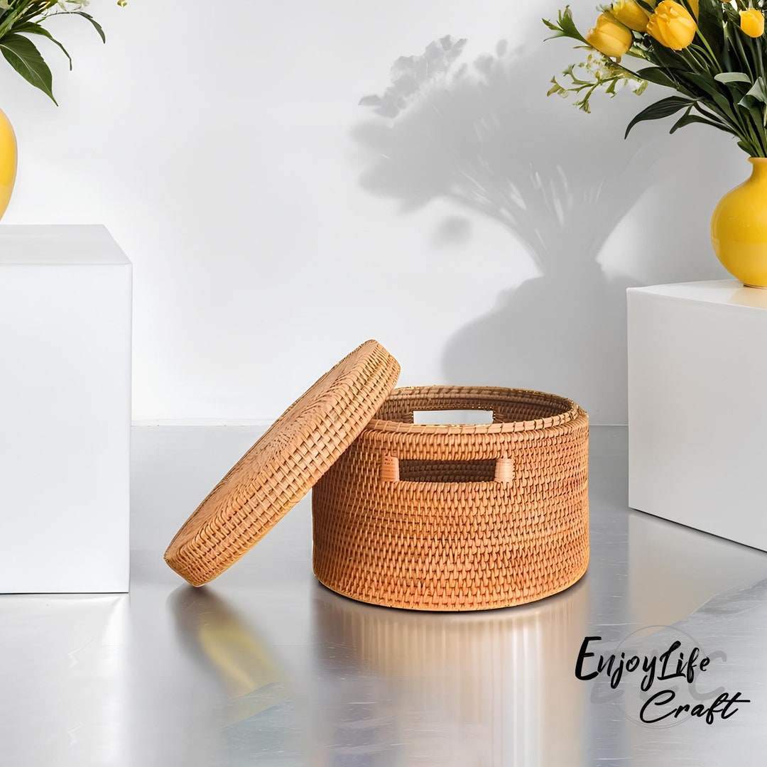Round Rattan Woven Storage Basket With Lid,rattan Storage Box,toy ...