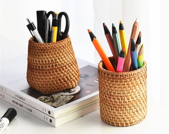 Rattan Woven Desktop Stationery Container,Rattan Cosmetic Pen Holder Storage Box,Rattan Chopsticks Container