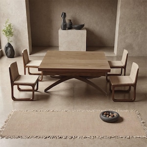 May include: A square wooden dining table with a dark brown finish and a cross-base design, surrounded by four chairs with dark brown wooden frames and light beige upholstered seats. A rectangular beige rug with fringed edges lies on the floor.