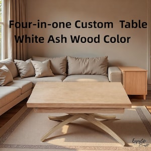 Puede incluir: Una mesa personalizada cuatro en uno de madera de fresno blanco. La mesa tiene una parte superior cuadrada y un diseño de base único. El texto en la pared dice "Four-in-one Custom Table White Ash Wood Color."