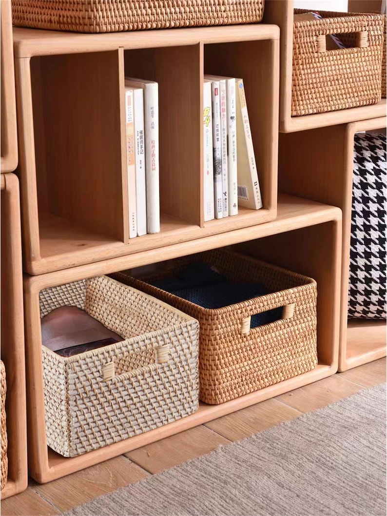 Custom made size color rattan weave storage basket,Mudroom cabinet basket,Cubbies basket,Cubicle cupboard basket,Bookshelf storage basket image 6