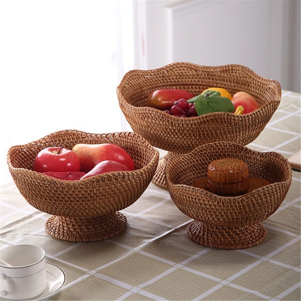 Corbeille à fruits tissée en rotin, plateau de bonbons aux noix de pain aux fruits de bureau fabriqué à la main, panier de plateau de service, panier de rangement en rotin