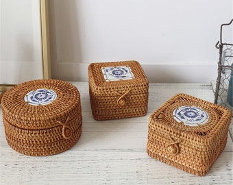 Rattan Weave Round Storage Basket With Lid,Handcrafted Desktop Storage Box Basket,Home Decoration