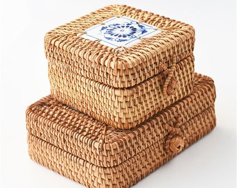 Rattan Woven Square Storage Basket With Cover,Rattan Jewellery Box,Personalized Natural Gift Box