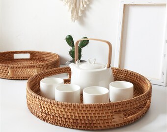 Rattan Desktop Storage Basket,Round Natural Woven tray,Housewarming Gifts