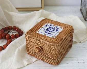 Rattan Weave Square Storage Basket,Handcrafted Desktop Storage Box Basket