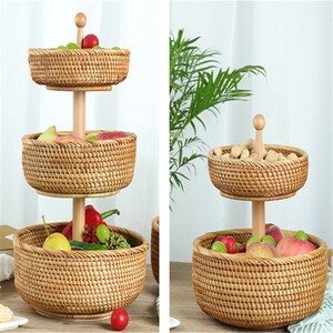 Handmade Rattan Woven Storage Basket,Handcrafted Desktop Fruit Bread Snack Nuts Candies Multi-storey Storage Basket,Housewarming gift