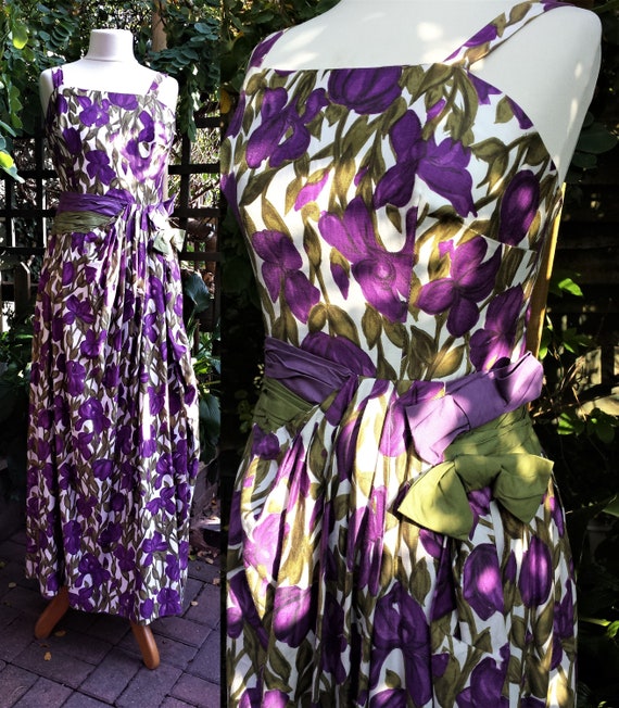 Tea Dress C1940's Purple Green Tulips Cotton Waist