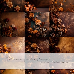 12 sobreposições florais douradas e marrons para Photoshop, fundo de fotografia, textura de belas artes, sobreposições de fotos, sobreposição de Photoshop