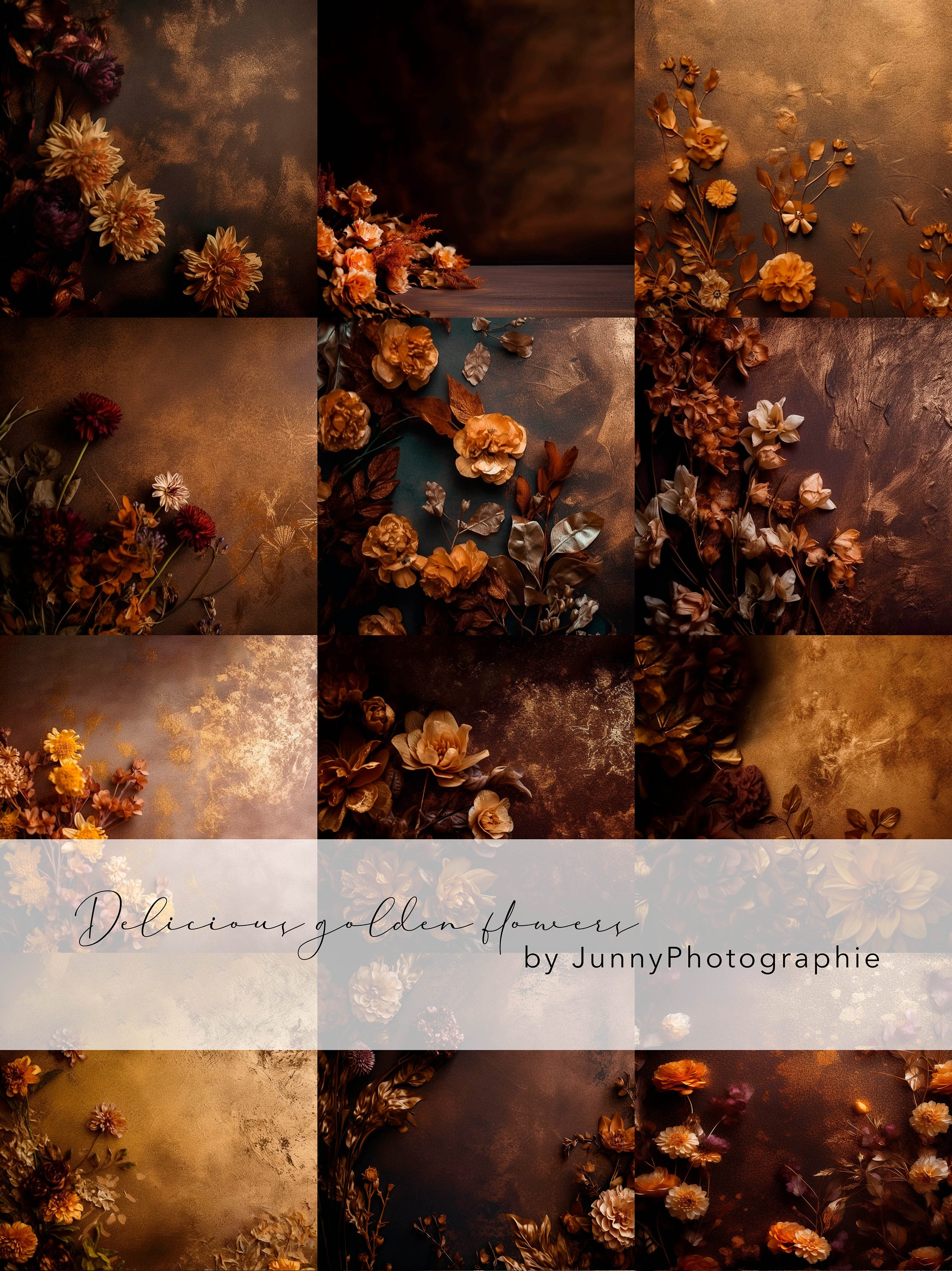 12 Floral Gold and Brown Overlay for Photoshop, Photography Background