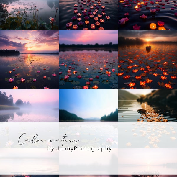 12 calm water lake digital background for Photoshop, Fine art texture, Overlays photo, maternity, landscape, waterlilies