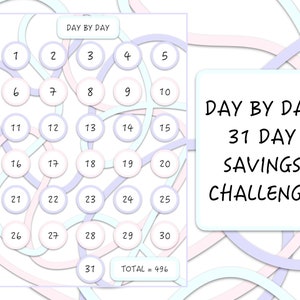 Day by Day Savings Challenge 31 Days PDF/Printable - A4 - Pastel Ribbons