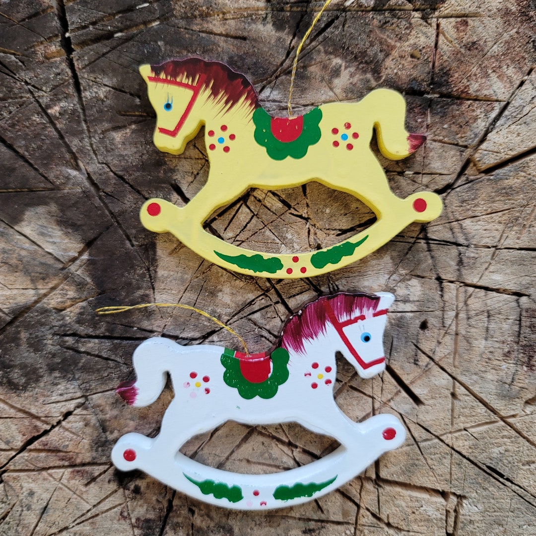 Set of Two Hand Painted Wooden Rocking Horse Ornament Etsy