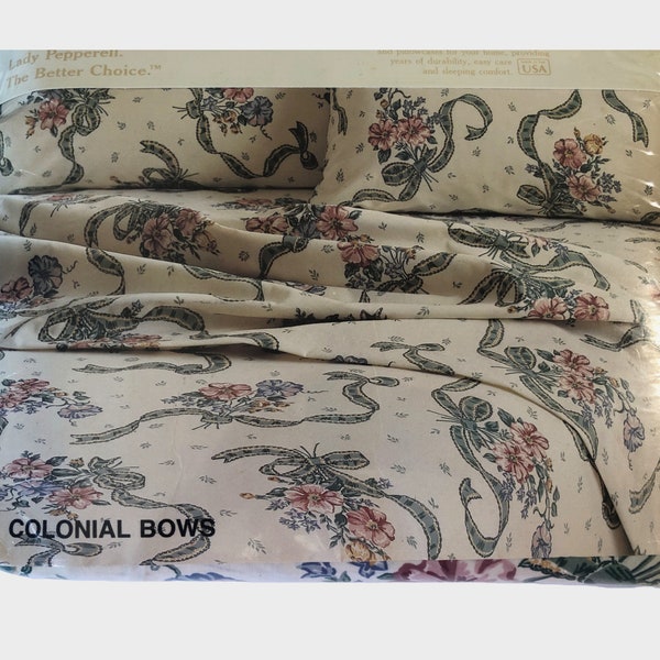 Lady Pepperell Cotton Blend Full Size Fitted Sheet, Shabby Chic, Colonial Bows, Vintage Deadstock Bottom Sheet, 54 x 75