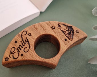 Personalized Oak Book Page Holder | Laser Engraved Wolf & Stars
