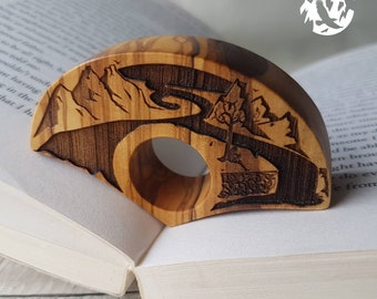 Engraved Olive Wood Book Page Holder: Mountains & River