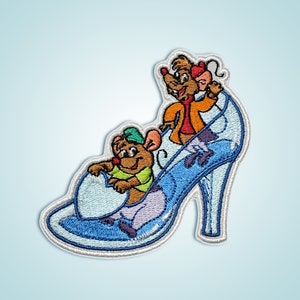 Jaq and Gus Gus, Cinderella Glass Slipper Embroidered Iron On Patch