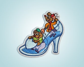 Jaq and Gus Gus, Cinderella Glass Slipper Embroidered Iron On Patch