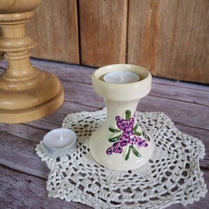 Vintage Swedish ceramic Candle Holder with purple flowers, Rosa Ljung