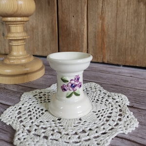 Vintage Swedish ceramic Candle Holder with purple flowers, Rosa Ljung i Torekov