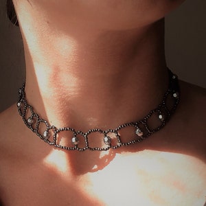 Vintage Black Beads Chocker Necklace from 1960s | Art deco style bib necklace with metallic glass faceted beads from 60s Czechoslovakia