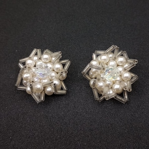 Vintage Beaded Faux Pearl Clip Earrings  Sophisticated Mid century Round Tone Glass Beads from 1960s Czechoslovakia