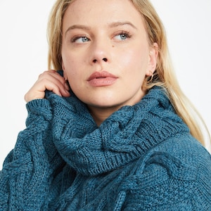 Aran Super Soft Merino Wool, cowl neck sweater, Sea Blue