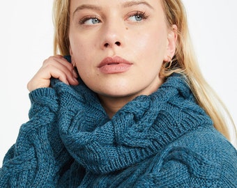 Laine mérinos Aran super douce, pull à col bénitier, bleu marine