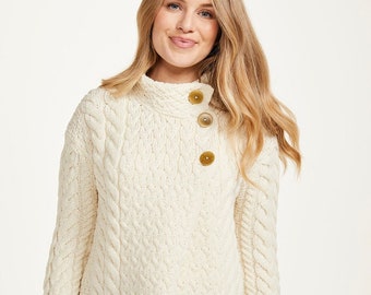 Cardigan 3 boutons Aran pour femmes en laine mérinos super douce, blanc naturel