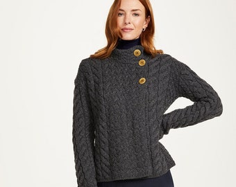 Aran Super Soft Merino Wolle Damen 3-Knopf-Strickjacke, Schiefergrau