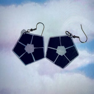 Peut inclure: Une paire de boucles d'oreilles noires et blanches en forme de symbole de l'Étoile de la Mort de Star Wars. Les boucles d'oreilles sont faites d'un matériau transparent avec un motif de peinture noire.