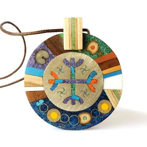 Mapuche pendant inlaid with stones and natural woods, a unique gift for pre-Columbian jewelry lovers, handmade in Patagonia Argentina